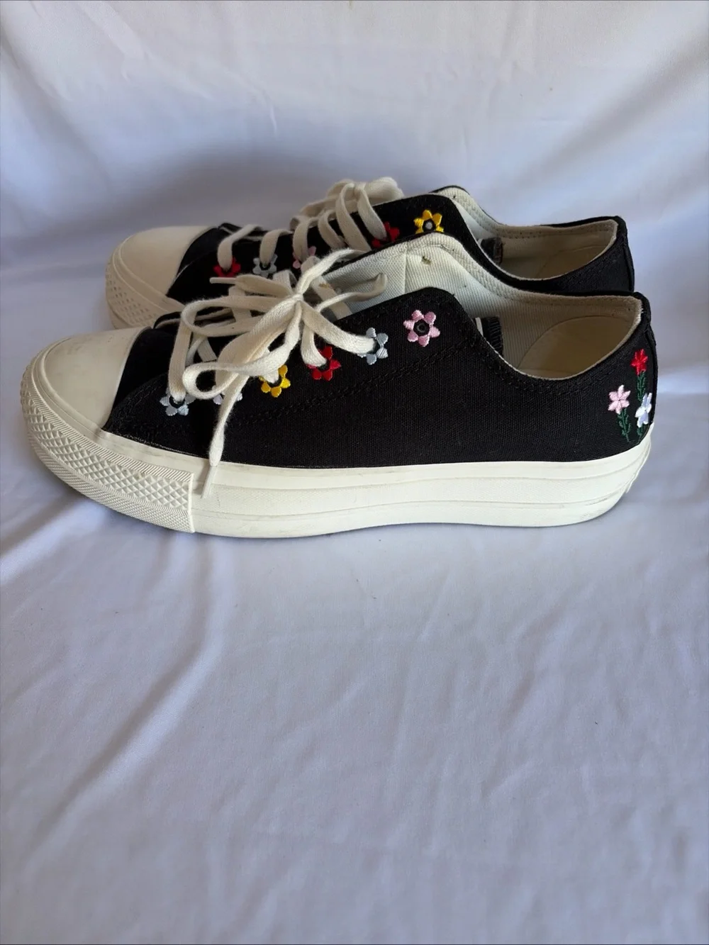 Converse Black Canvas Sneakers with Yellow and Red Floral Embroidery